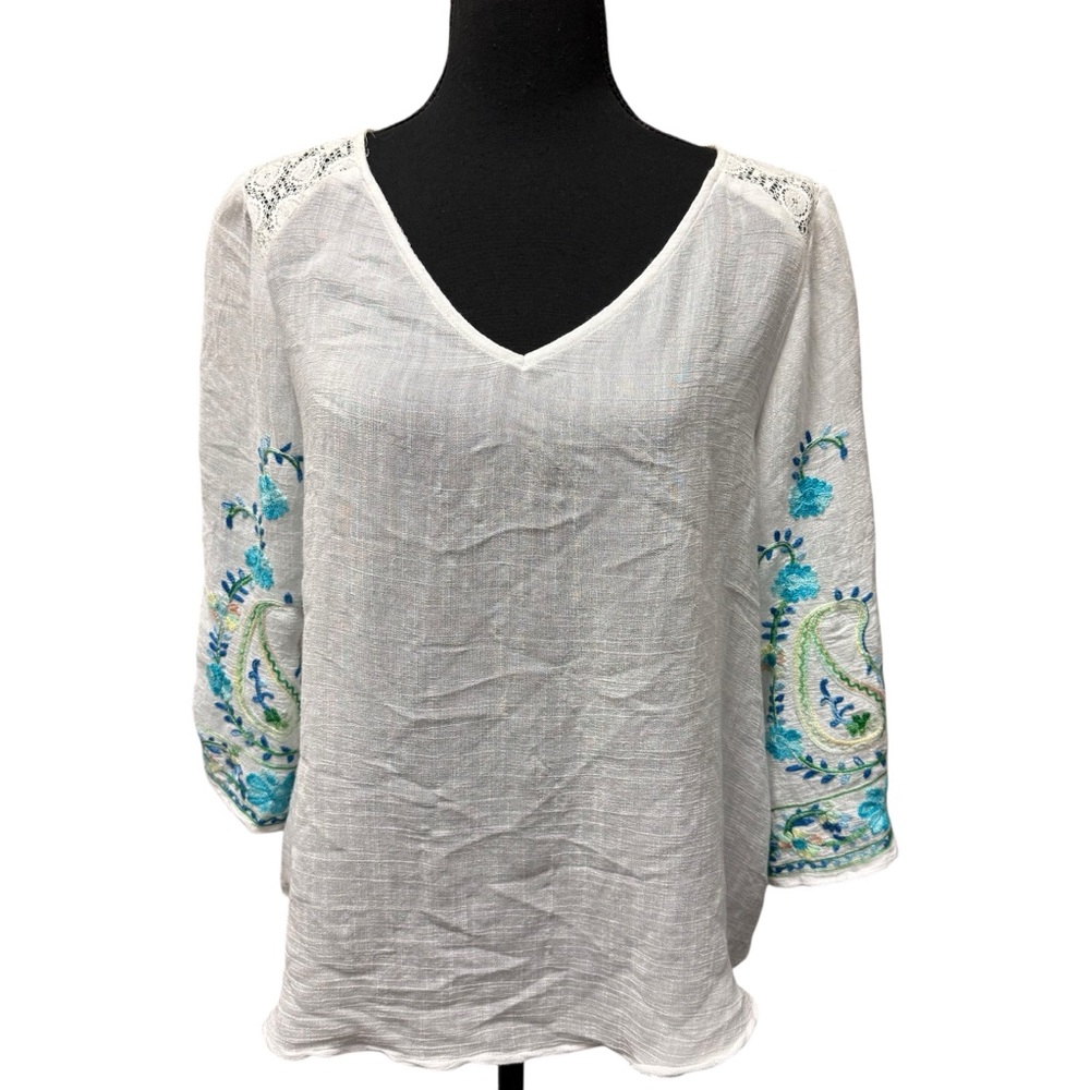 Valerie Stevens White Blue Embroidered Lace Back Boho Blouse Large
